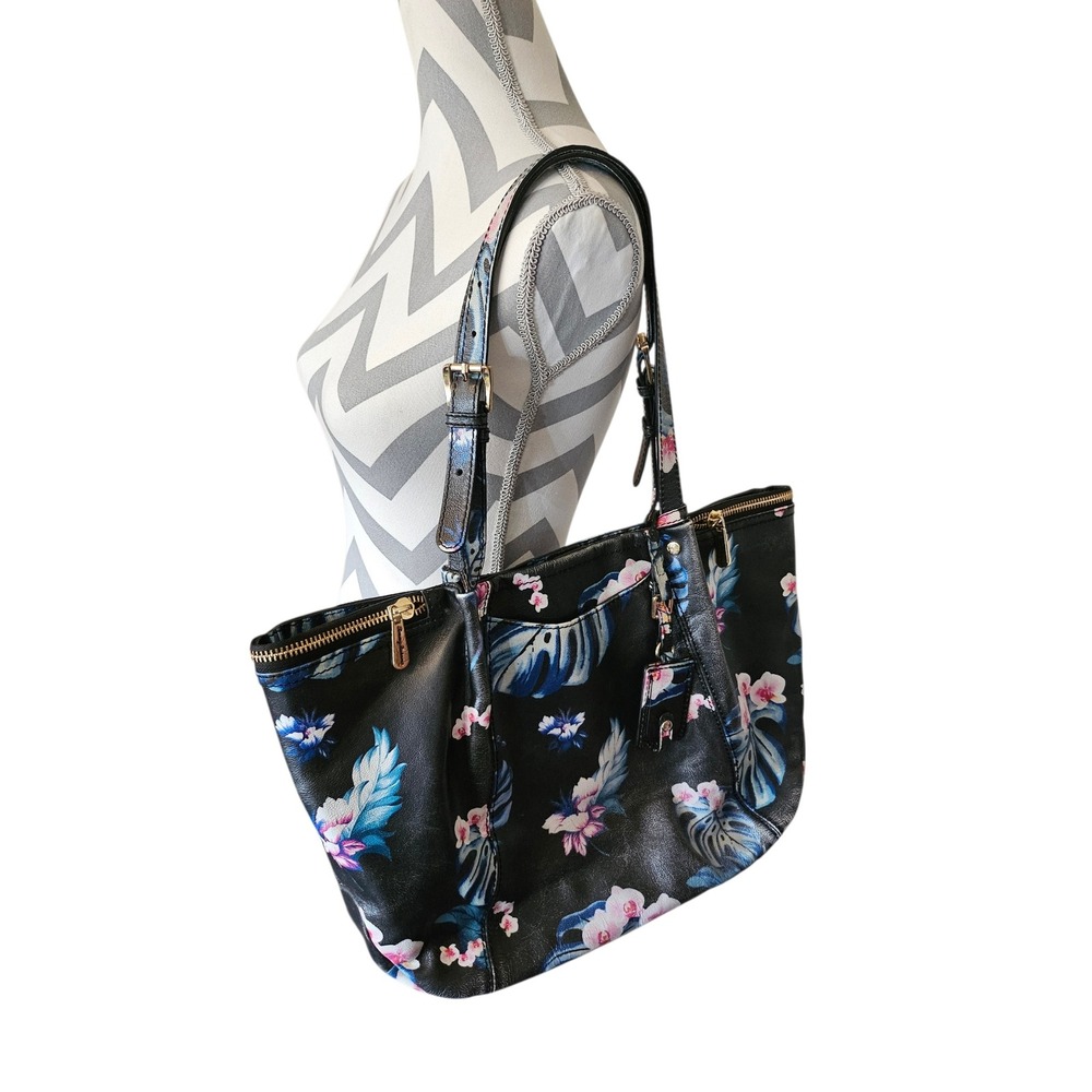 Tommy Bahama Black 100% Leather Tropical Floral Monstera Tote Bag Gold Hardware